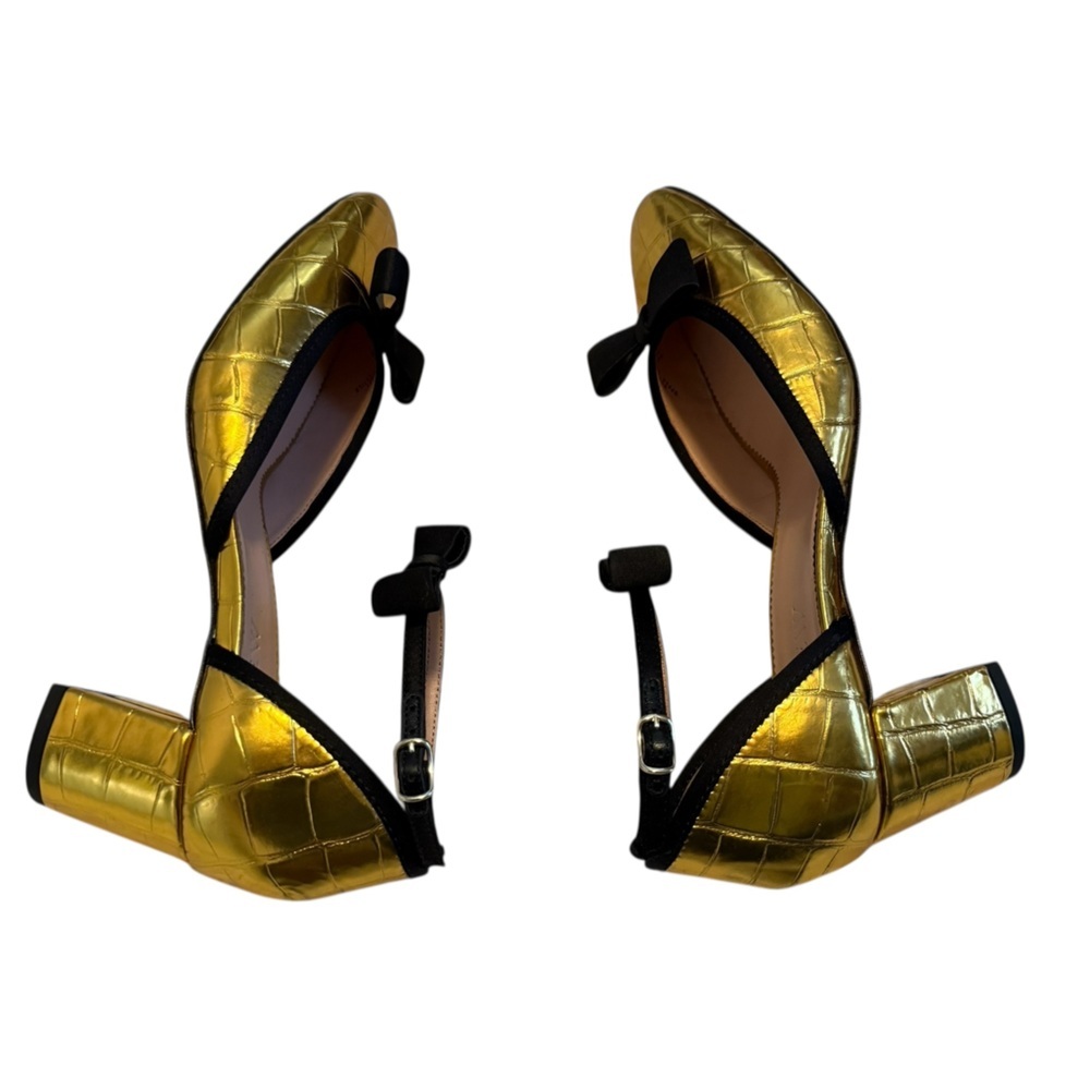 Millie Bow Ankle-Strap Heels in Metallic Croc-Embossed Leather in Gold Size 8.5 - Picture 10 of 13
